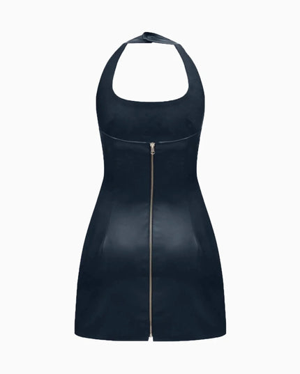 Two-sided Halterneck Leather Mini Dress Navy Blue