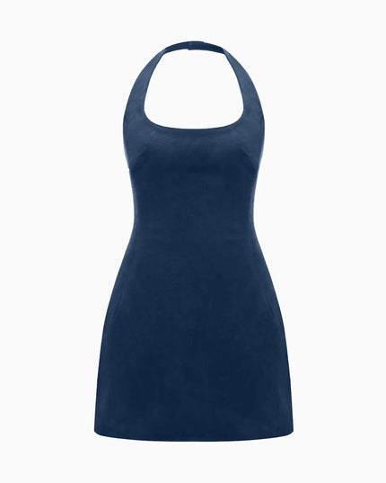 Two-sided Halterneck Leather Mini Dress Navy Blue