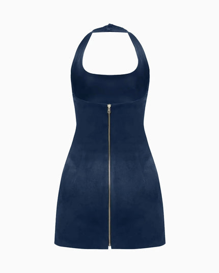 Two-sided Halterneck Leather Mini Dress Navy Blue