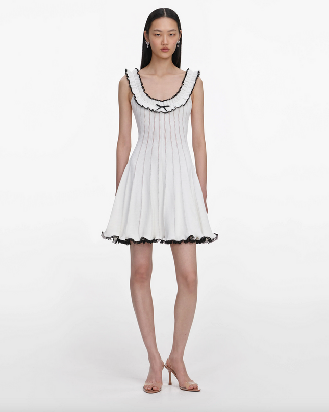 White Contrast Trim Knit Mini Dress