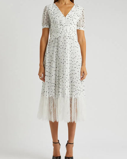 Polka Dot Chiffon Crossover Midi Dress
