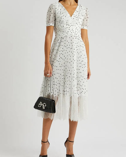 Polka Dot Chiffon Crossover Midi Dress